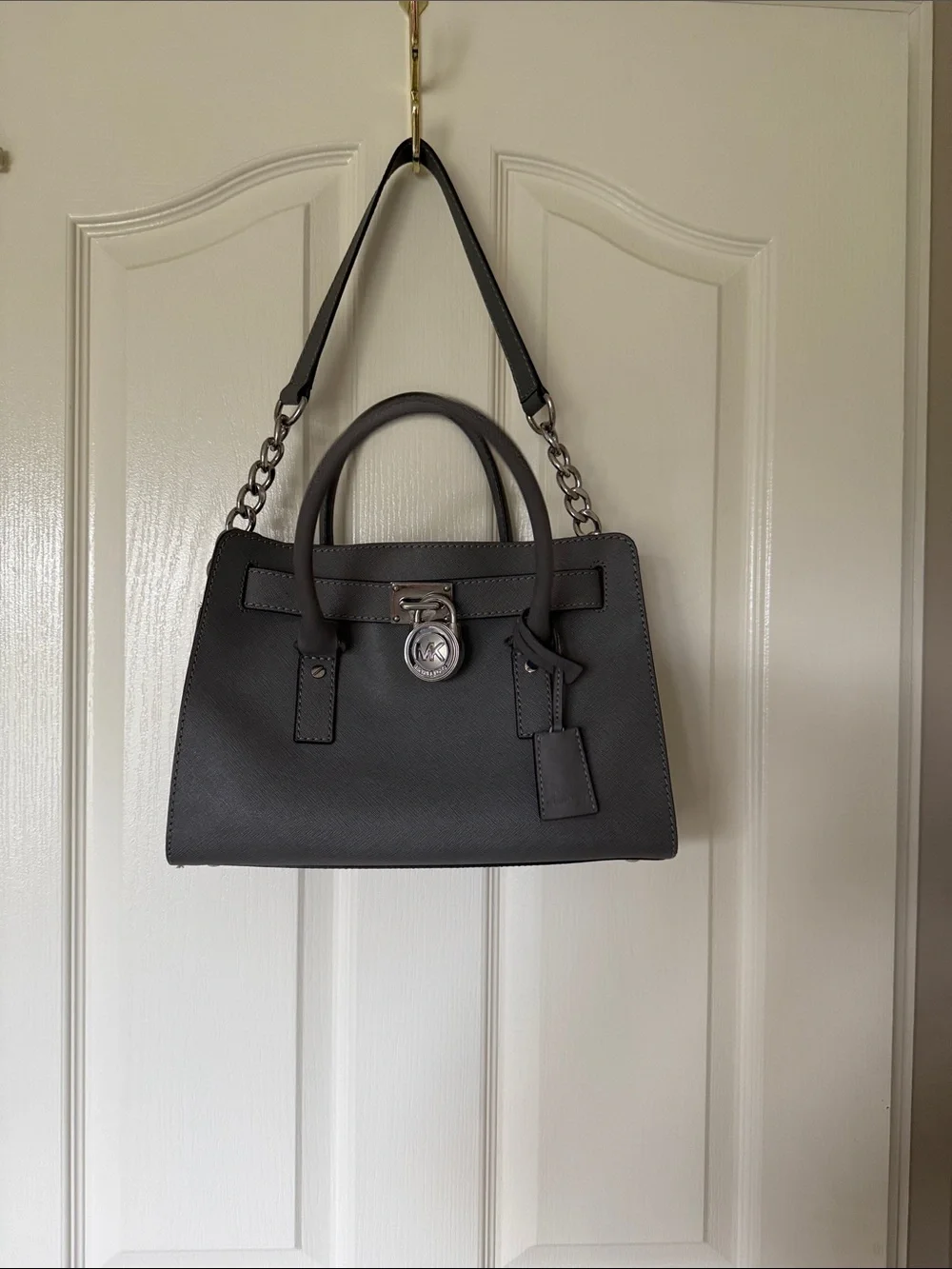 Michael Kors Charcoal Saffiano Leather Satchel with Silver Hardware